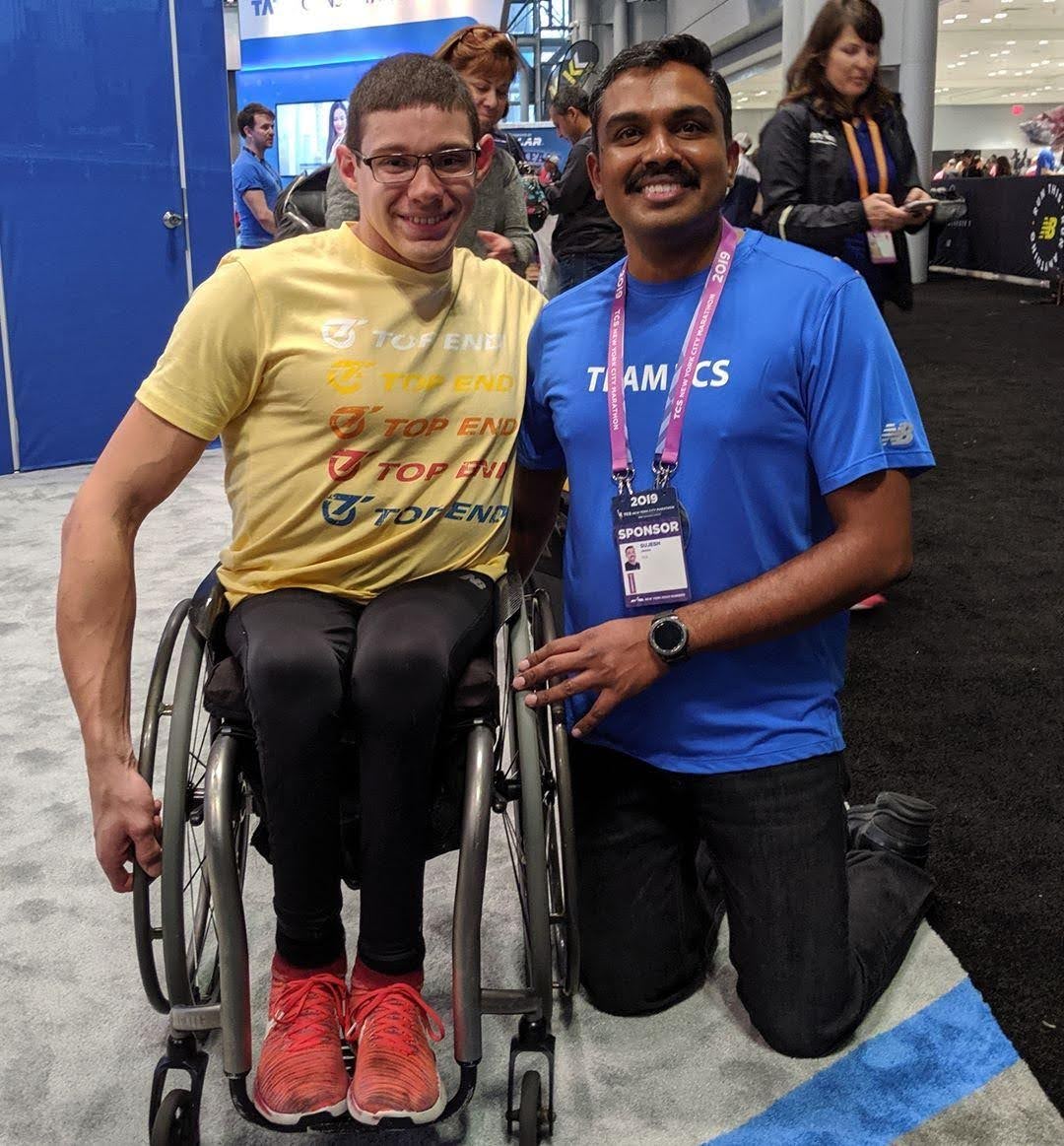 Daniel Romanchuk, American Paralympic athlete, with Sujesh Jastee at the NYC Marathon expo